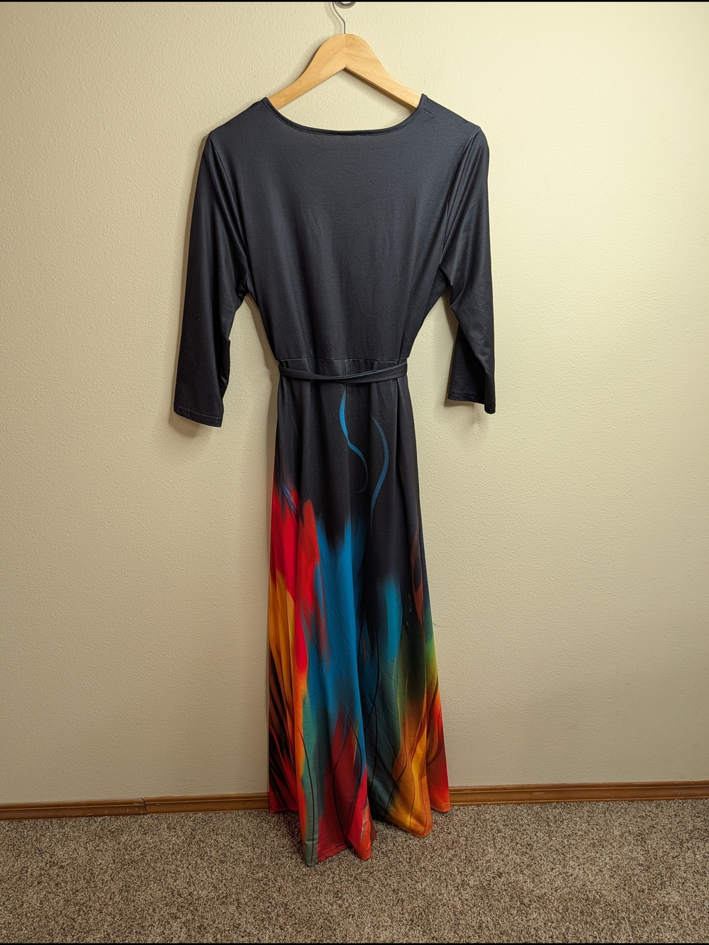 Rainbow Ombre Wrap Maxi Dress 2XL Charcoal Flame Print Pockets - Picture 8 of 8